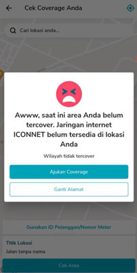 6. Jika sudah maka aplikasi PLN Mobile akan memberitahukan apakah wilayah kalian sudah tercover jaringan Iconnet PLN atau belum.